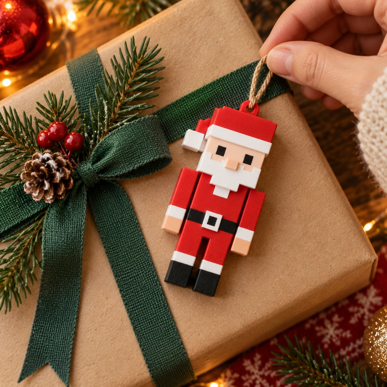 Malá ozdoba Santa na dárku, s rukou pro měřítko — vizuální koncept
